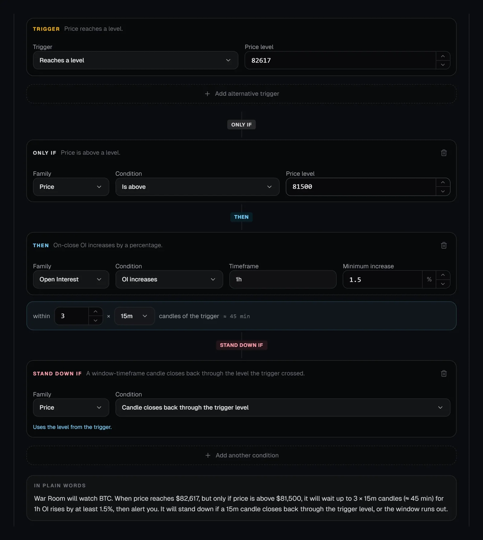 An advanced alert with trigger, condition, confirmation and stand-down