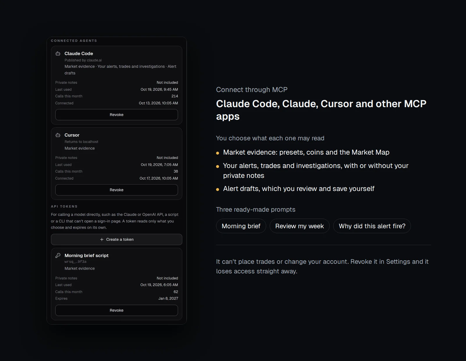 Connected AI agents in WarRoom settings, each with what it may read and a Revoke button