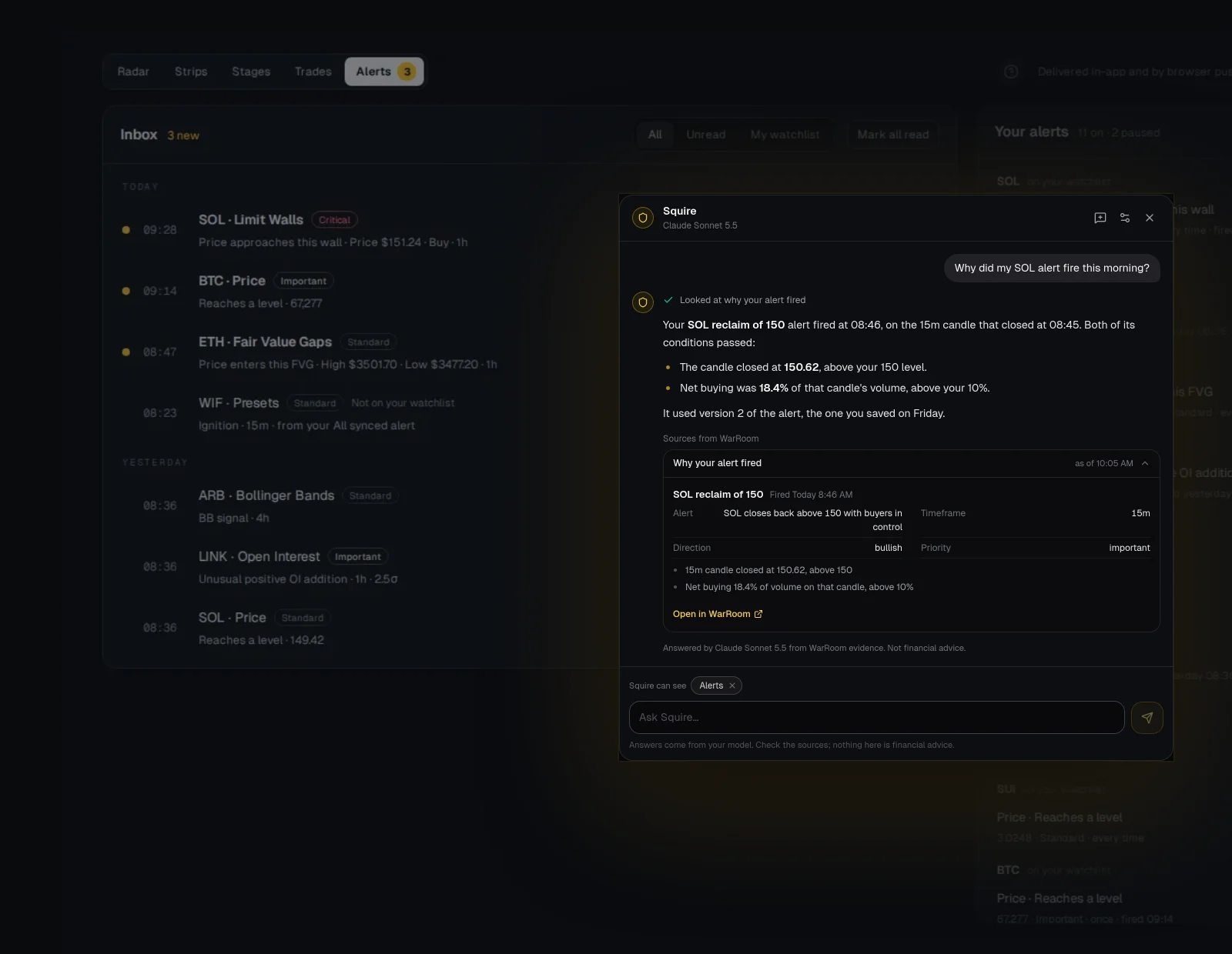 Squire explaining why a SOL alert fired, over the Alerts inbox